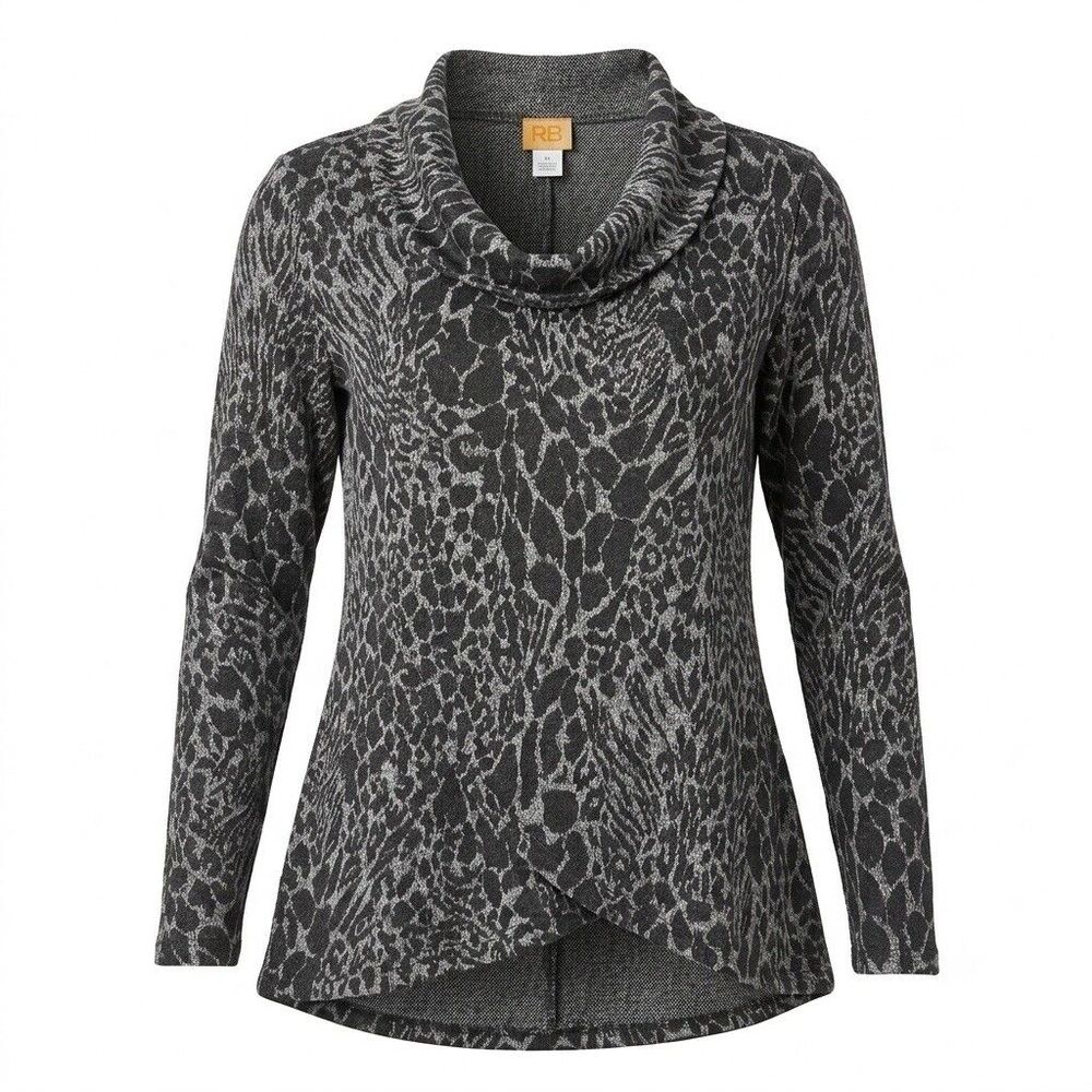 Ruby Rd. Women's Medium Gray Animal Print Cowl Neck Long Sleeve Sweater Metallic
